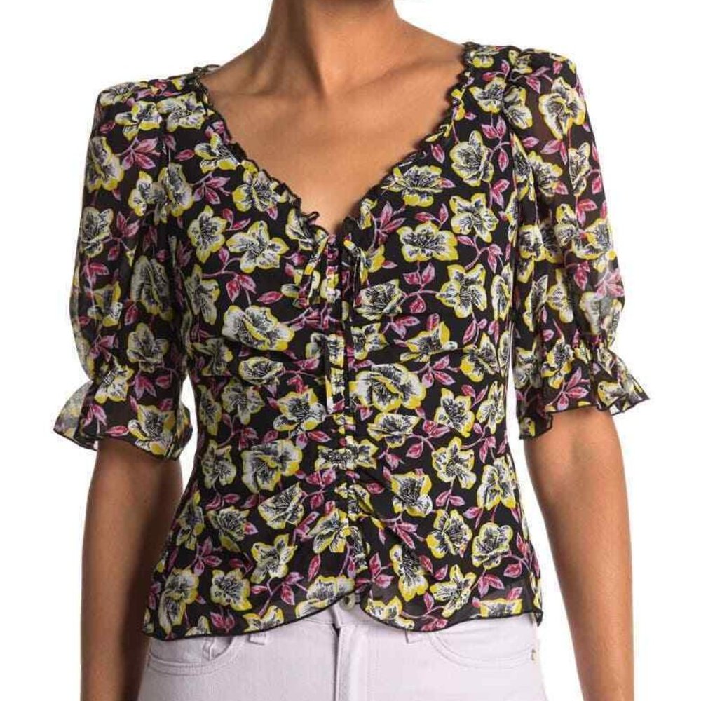 CINQ À SEPT Kimberly Ruched Floral Print Top